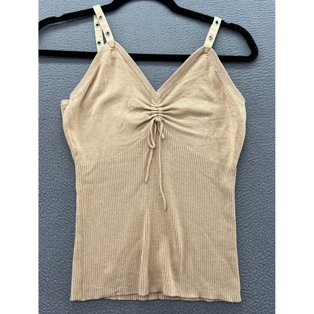 Coolwear Tank Top Women Sz M Tan Ribbed Ruched V Neck Spaghetti Strap